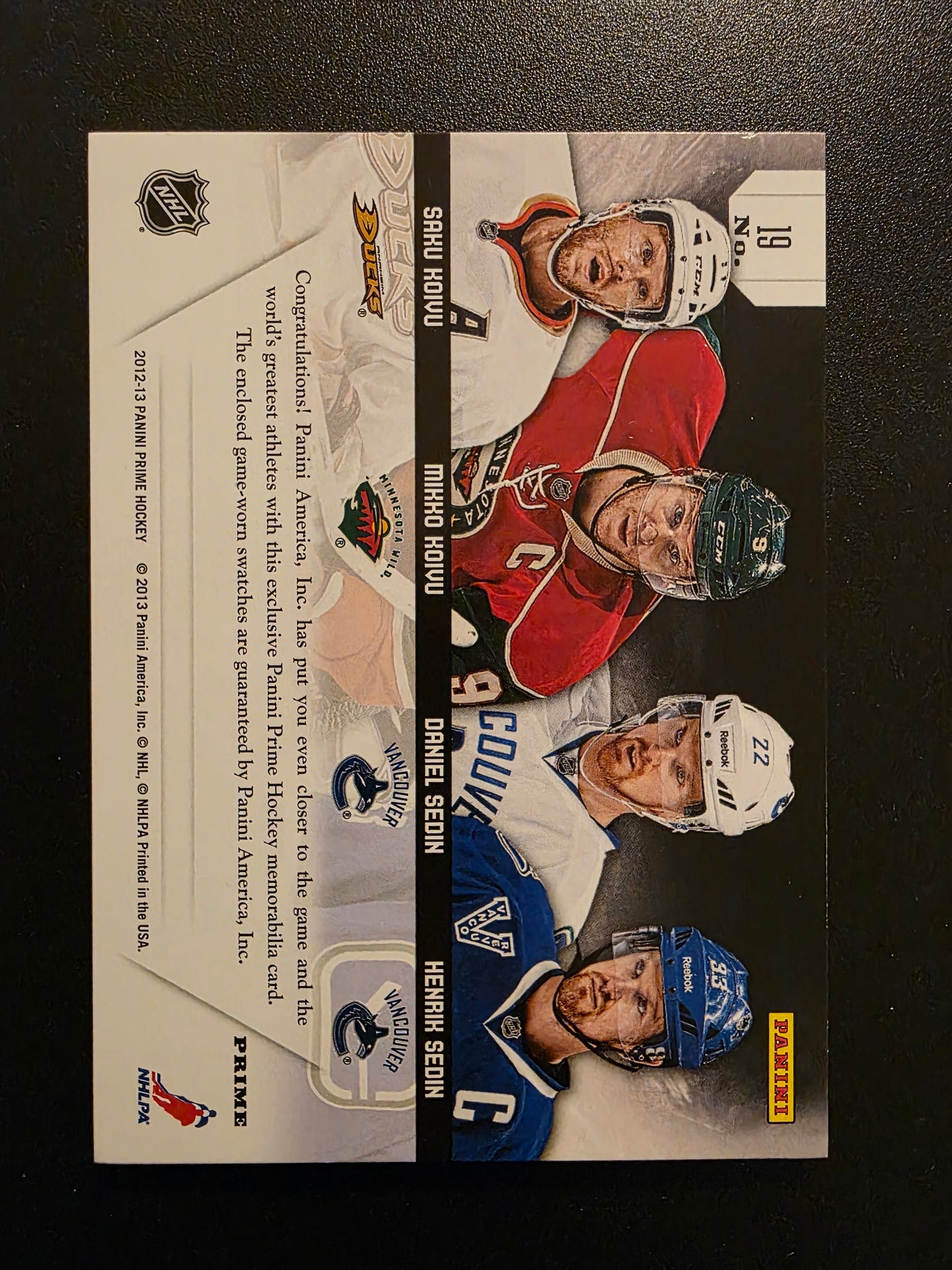 2012-13 Panini Prime - Prime Quads - Prime - Saku Koivu / Mikko Koivu / Daniel Sedin / Henrik Sedin #19 /15