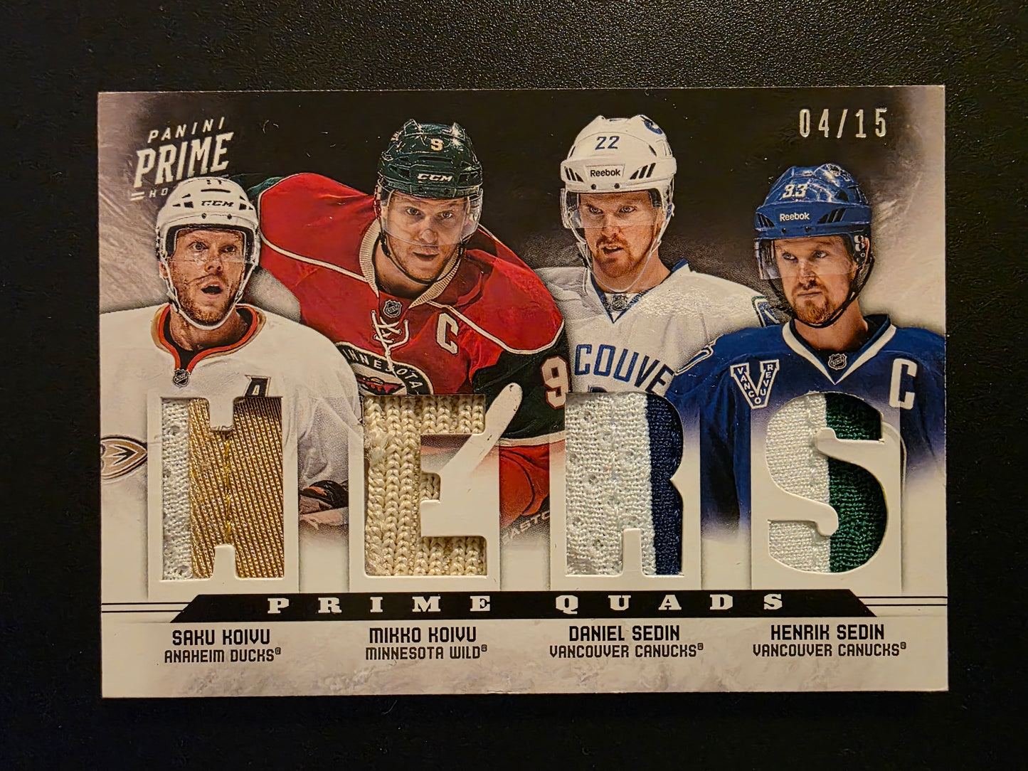 2012-13 Panini Prime - Prime Quads - Prime - Saku Koivu / Mikko Koivu / Daniel Sedin / Henrik Sedin #19 /15