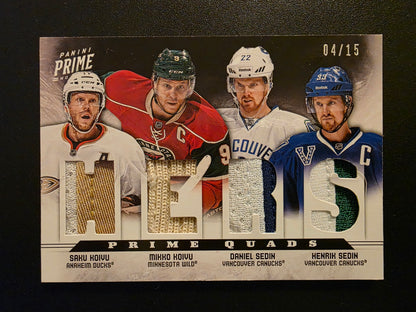2012-13 Panini Prime - Prime Quads - Prime - Saku Koivu / Mikko Koivu / Daniel Sedin / Henrik Sedin #19 /15