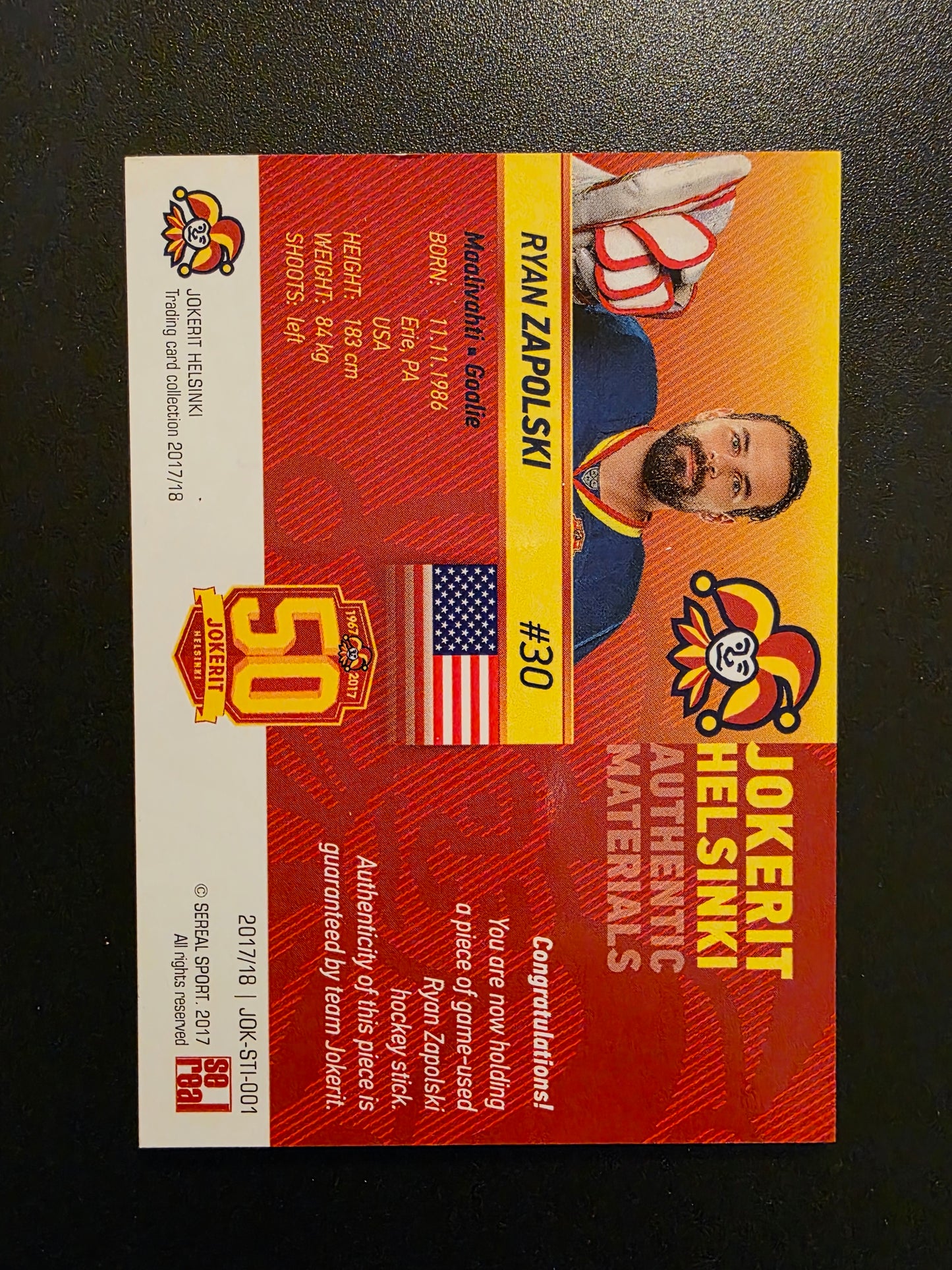 2017-18 Sereal Jokerit Stick - Ryan Zapolski #JOK-STI-001 /50