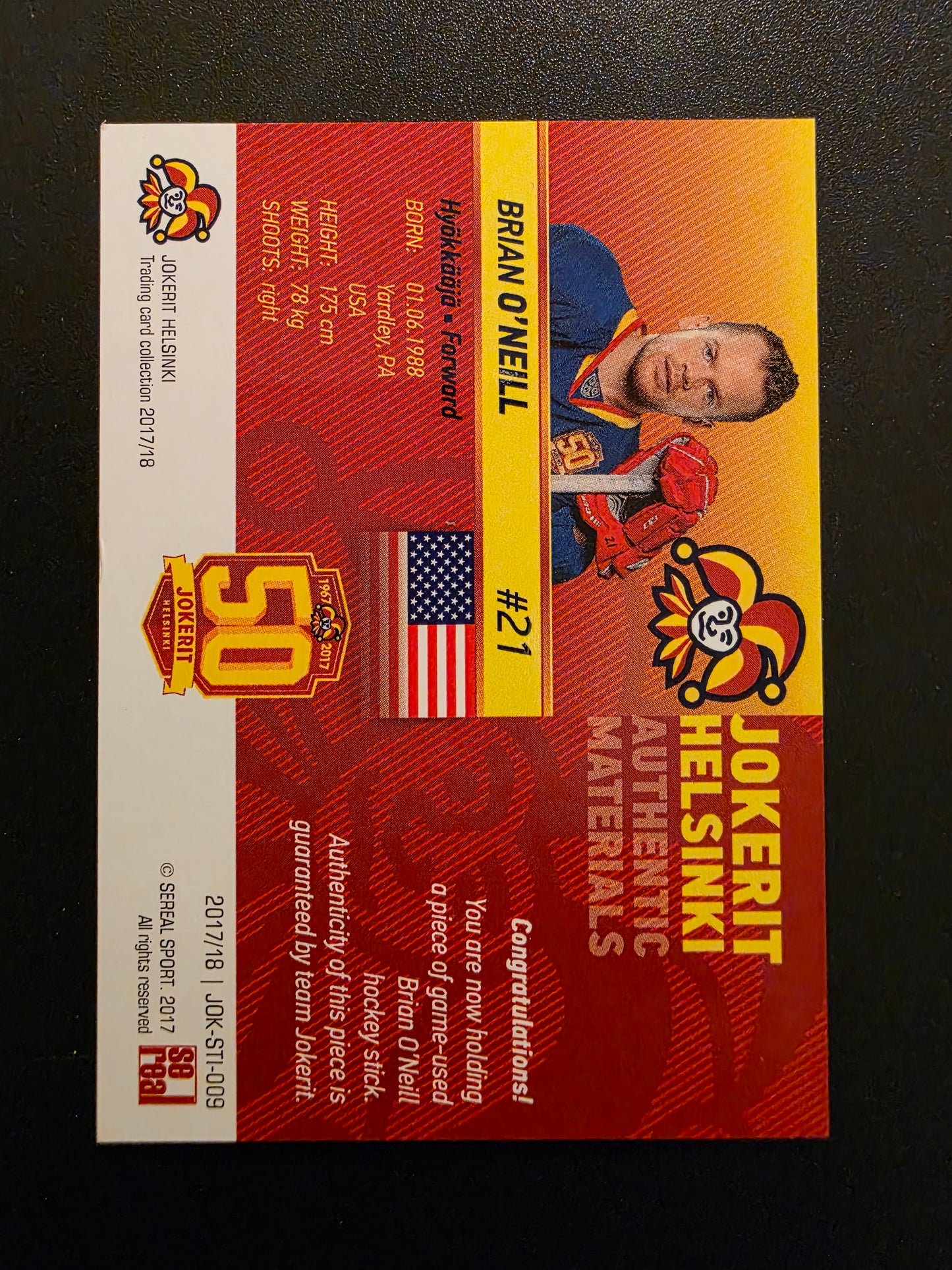 2017-18 Sereal Jokerit Stick - Brian O'Neill #JOK-STI-009 /50