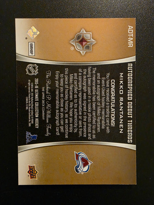 2015-16 Upper Deck Ultimate Collection - Autographed Debut Threads - Patches - Mikko Rantanen ##ADT-MR /10 RY