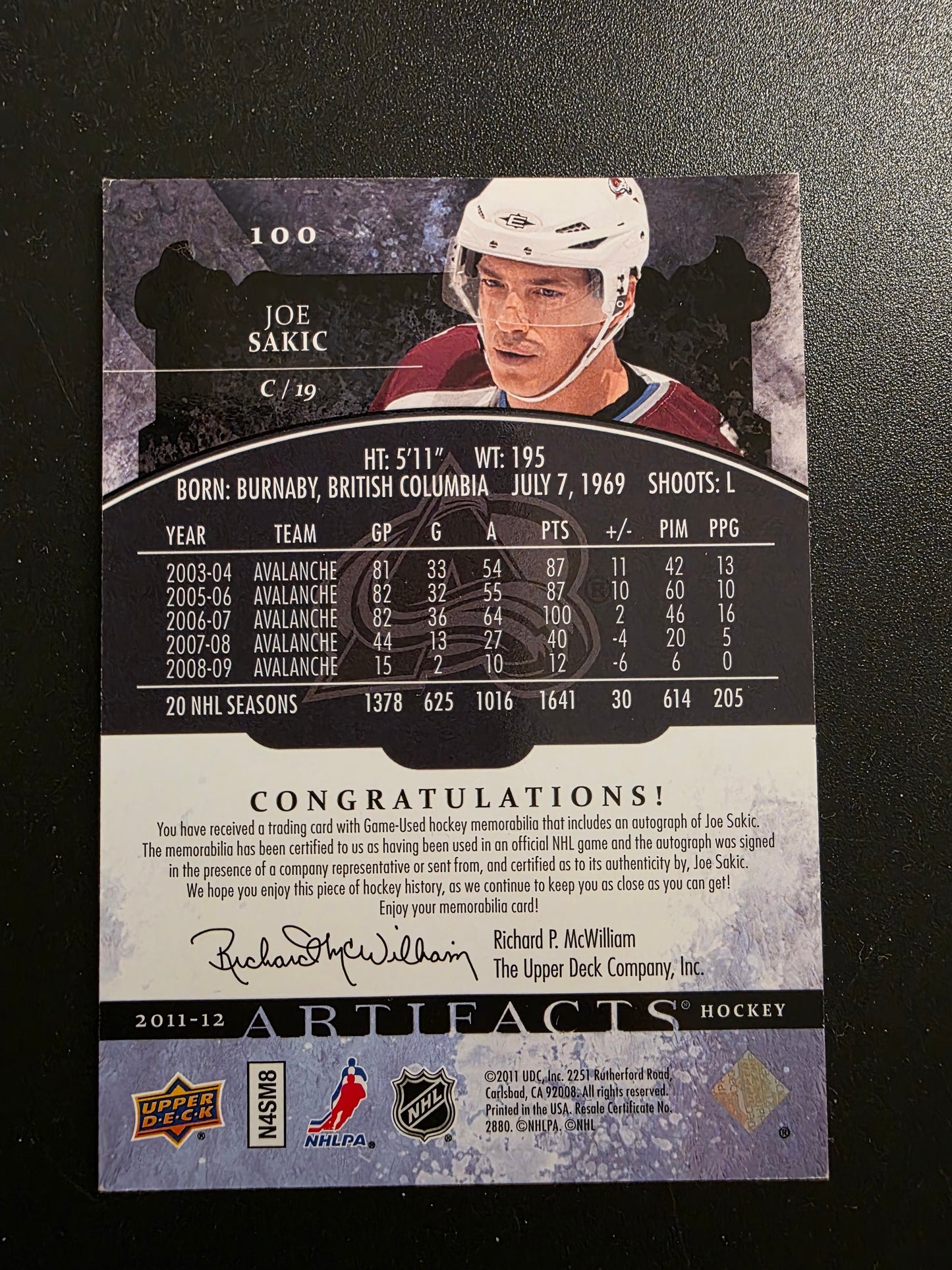 2011-12 Upper Deck Artifacts - Jersey/Jersey Autographs - Joe Sakic #110 /10