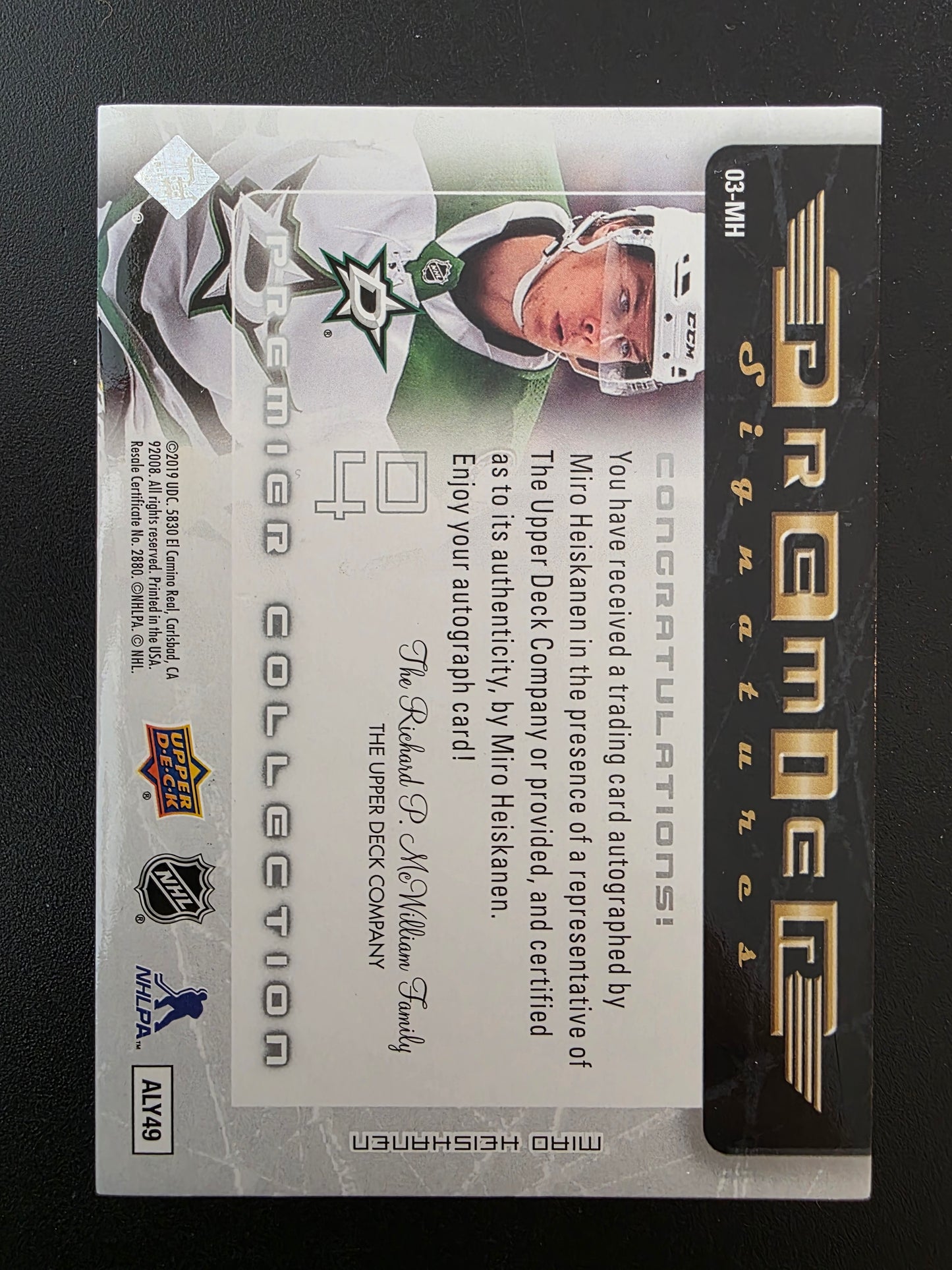 2018-19 Upper Deck Premier - 2003-04 Retro Premier Signatures Rookie - Miro Heiskanen #03-MH /99 RY