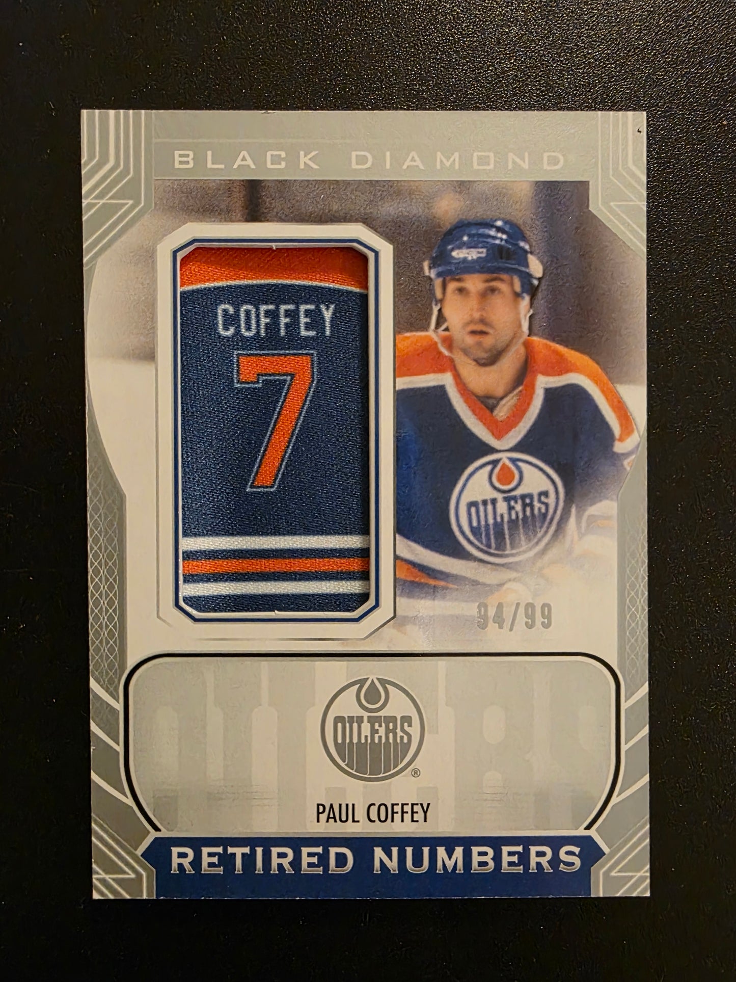 2024-25 Upper Deck Black Diamond - Oilers Retired Number Patches - Paul Coffey #ORNP-PC /99