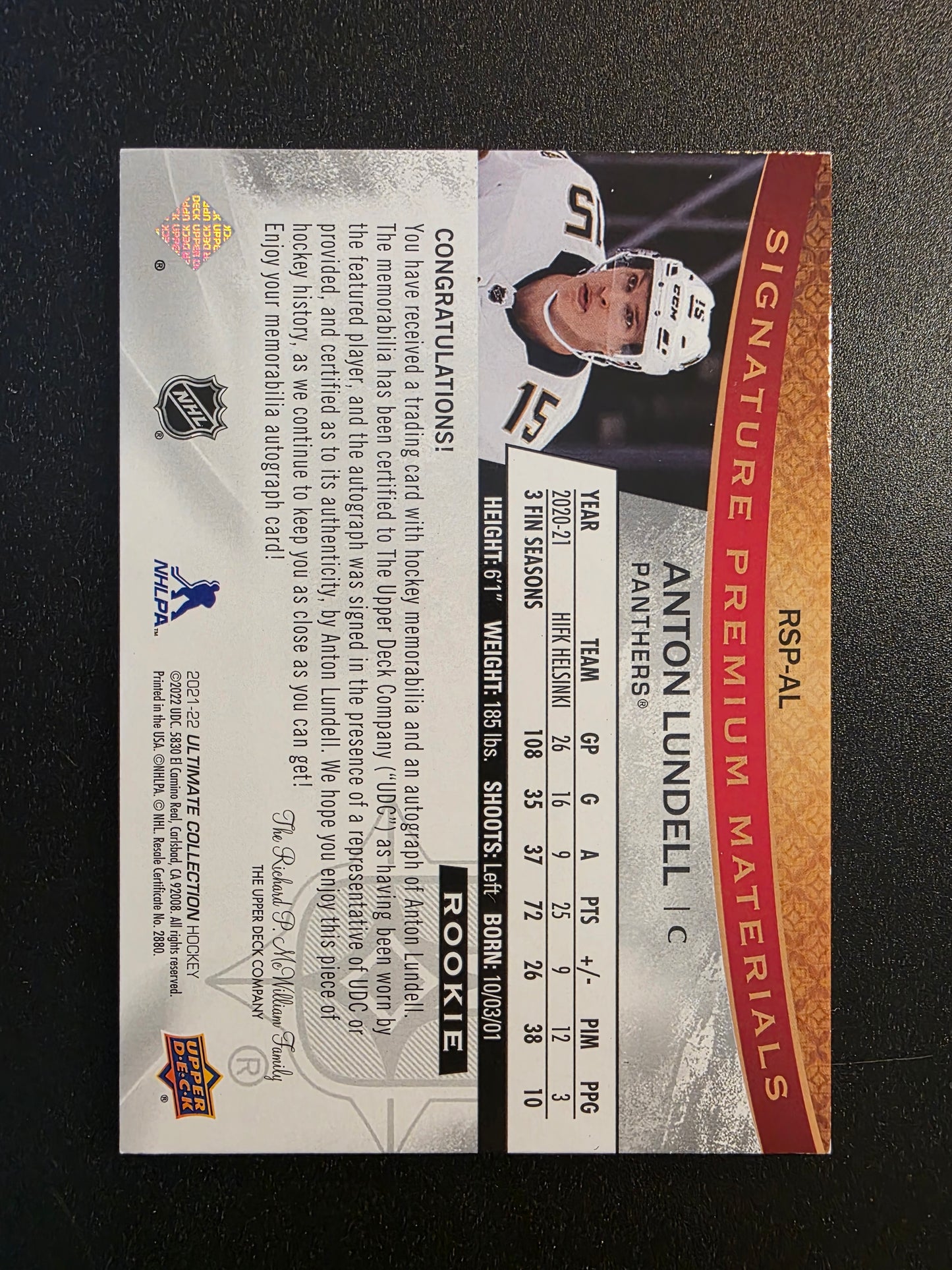 2021-22 Upper Deck Ultimate Collection - Rookie Signature Premium Materials - Anton Lundell #RSP-AL /35 RY