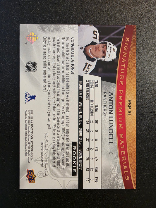 2021-22 Upper Deck Ultimate Collection - Rookie Signature Premium Materials - Anton Lundell #RSP-AL /35 RY