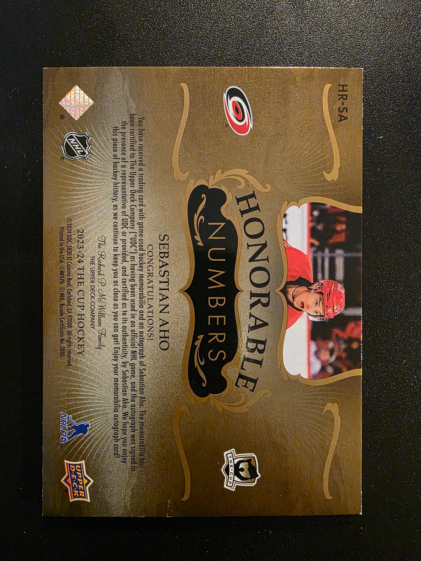 2023-24 Upper Deck The Cup - Honorable Numbers - Sebastian Aho #HR-SA /38