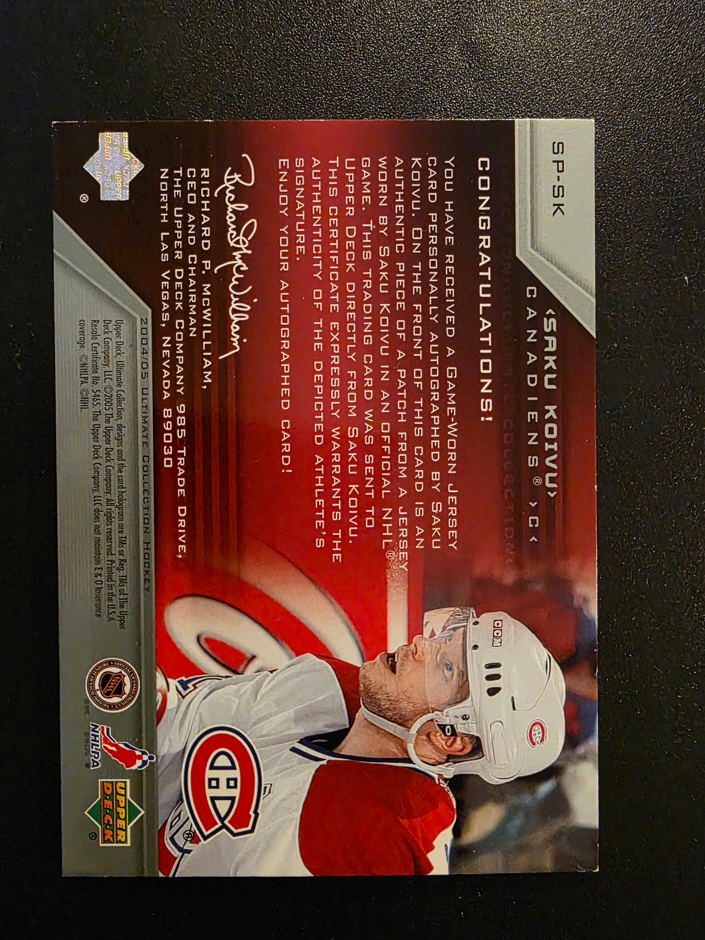 2004-05 Ultimate Collection - Ultimate Signature Patches - Saku Koivu #SP-SK /10