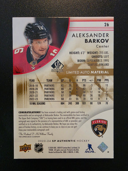 2023-24 Upper Deck SP Authentic - Limited Auto Material - Aleksander Barkov #26 /50