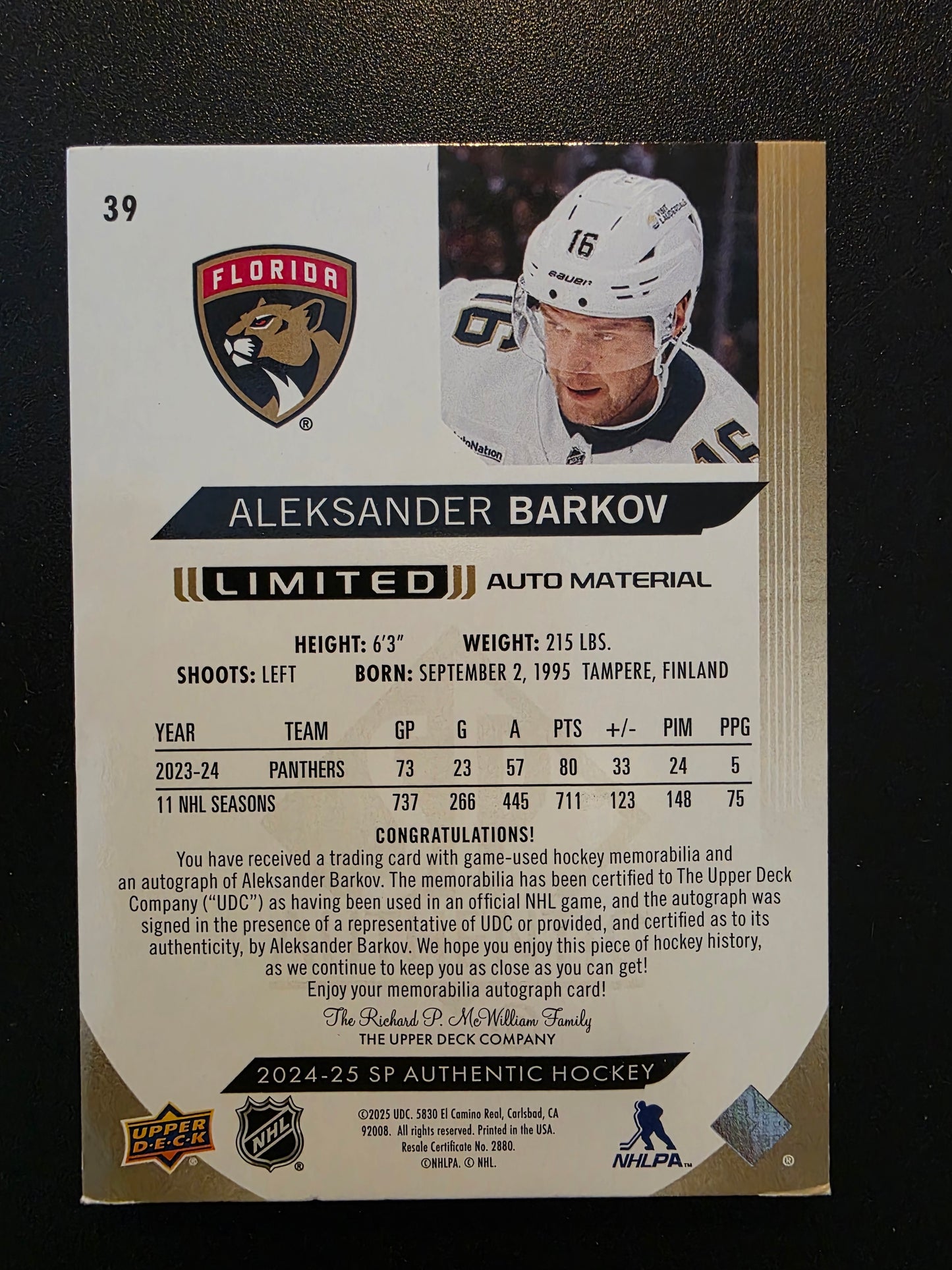 2024-25 Upper Deck SP Authentic - Limited Auto Material - Aleksander Barkov #39 /50
