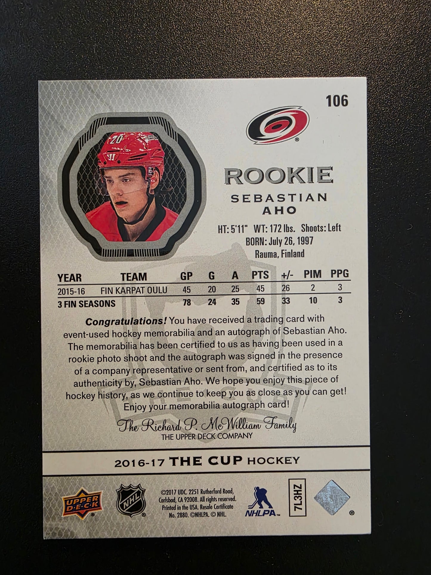 2016-17 Upper Deck The Cup - Rookie Auto Patch - Sebastian Aho #106 /249 RC