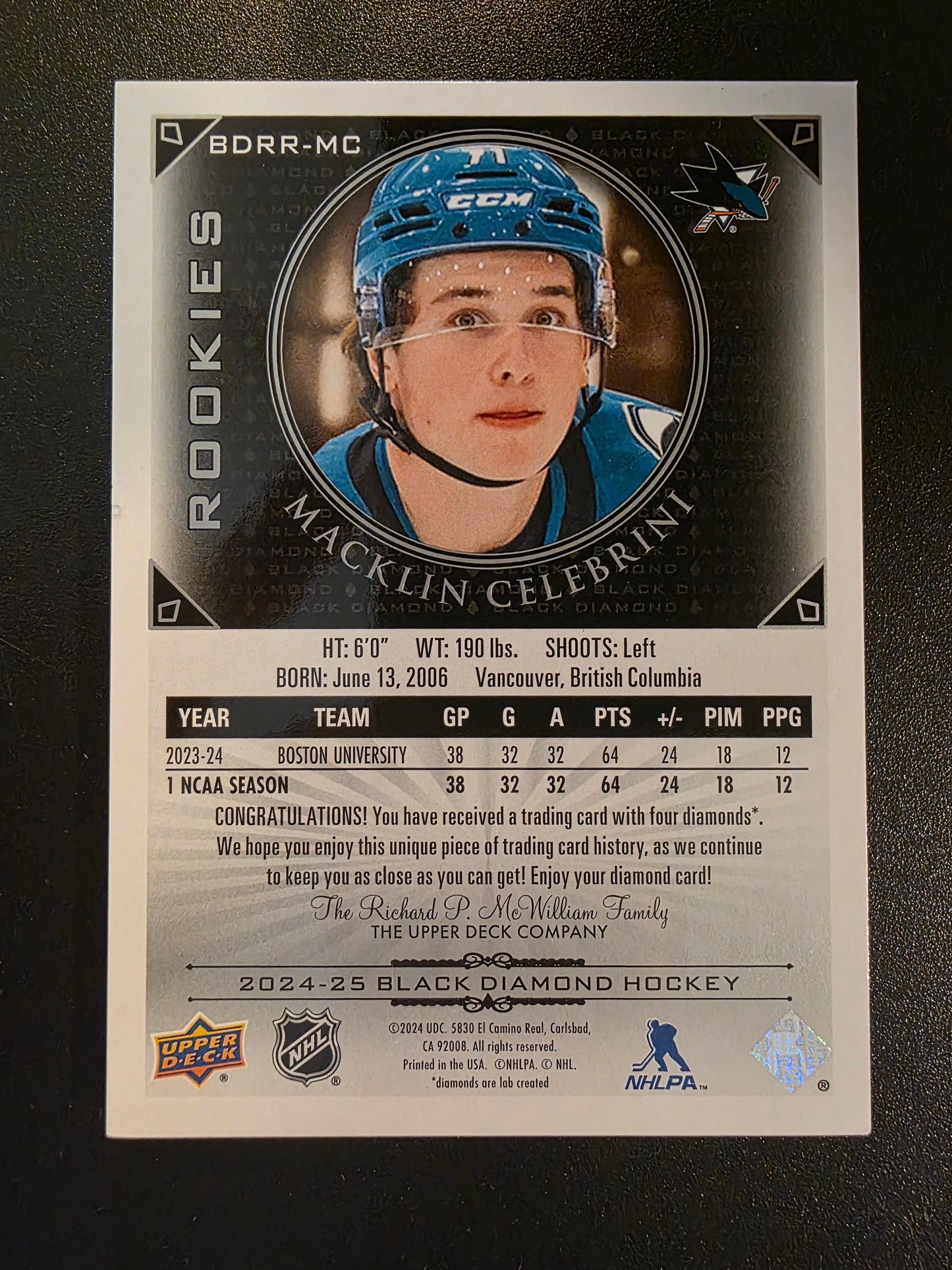 2024-25 Upper Deck Black Diamond - 2015 Retro Diamond Relics Rookie Gems Quad - Macklin Celebrini #BDRR-MC /49 RY