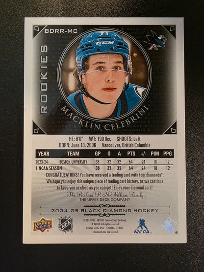 2024-25 Upper Deck Black Diamond - 2015 Retro Diamond Relics Rookie Gems Quad - Macklin Celebrini #BDRR-MC /49 RY