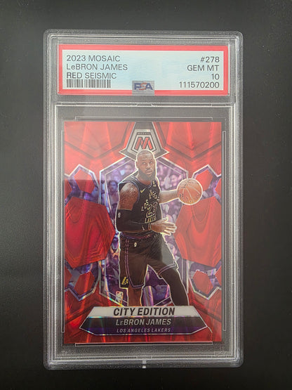 2023-24 Panini Mosaic - Red Seismic Prizm - Lebron James #278 /299 PSA 10