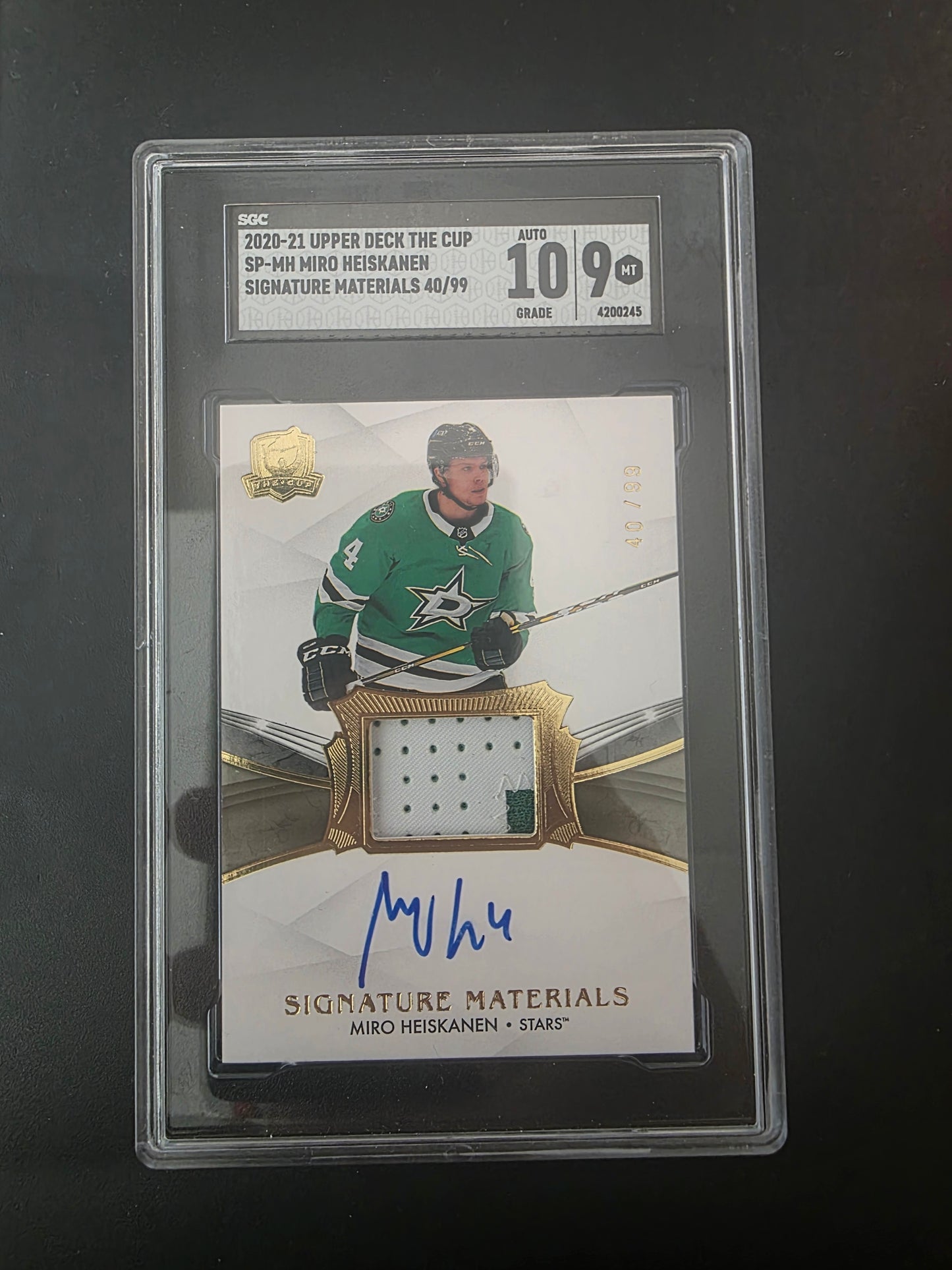 2020-21 Upper Deck The Cup - Signature Materials - 2021-22 The Cup Update - Miro Heiskanen #SP-MH /99 SGC 9 Auto 10