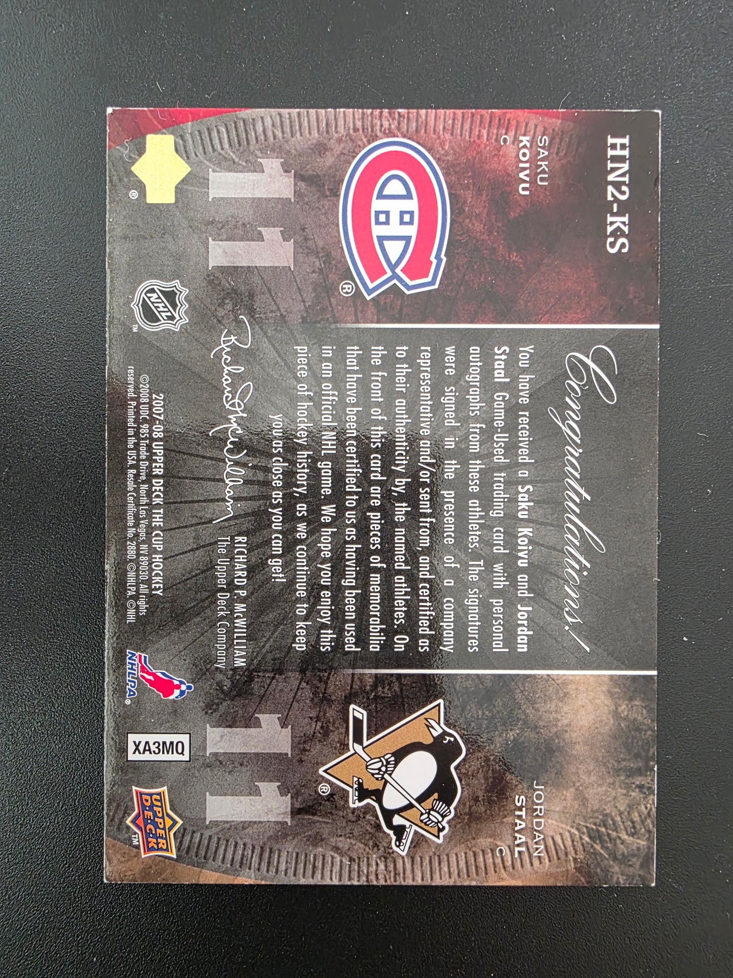 2007-08 Upper Deck The Cup - Dual Honorable Numbers Patch Autographs - Saku Koivu / Jordan Staal #HN2-KS /11