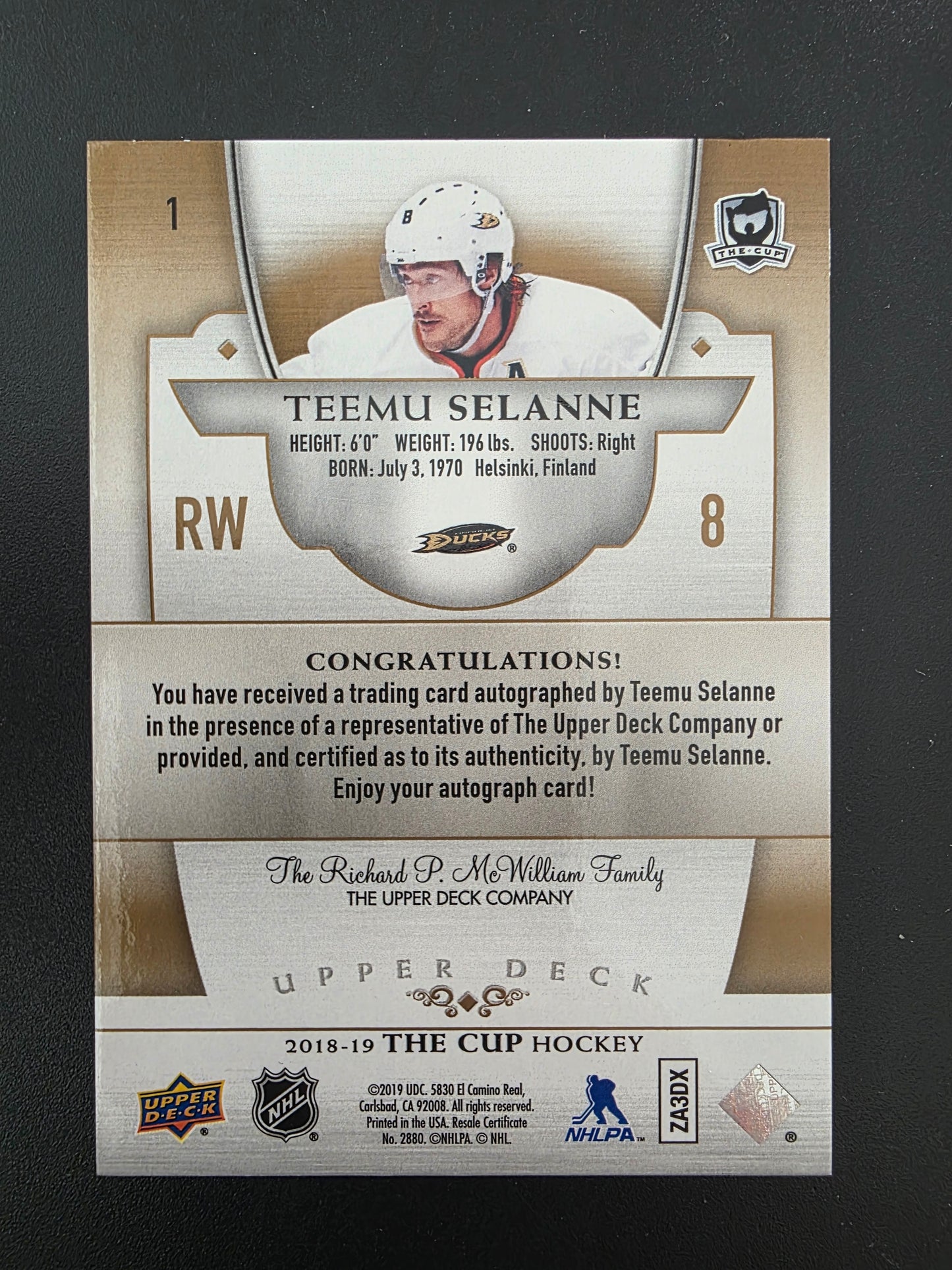 2018-19 Upper Deck The Cup - Gold Spectrum Foil - Teemu Selanne #1 /12