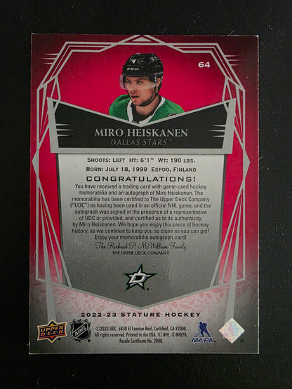 2022-23 Upper Deck Stature - Design Variant Red Auto Patch - Miro Heiskanen #PMP-MR /8
