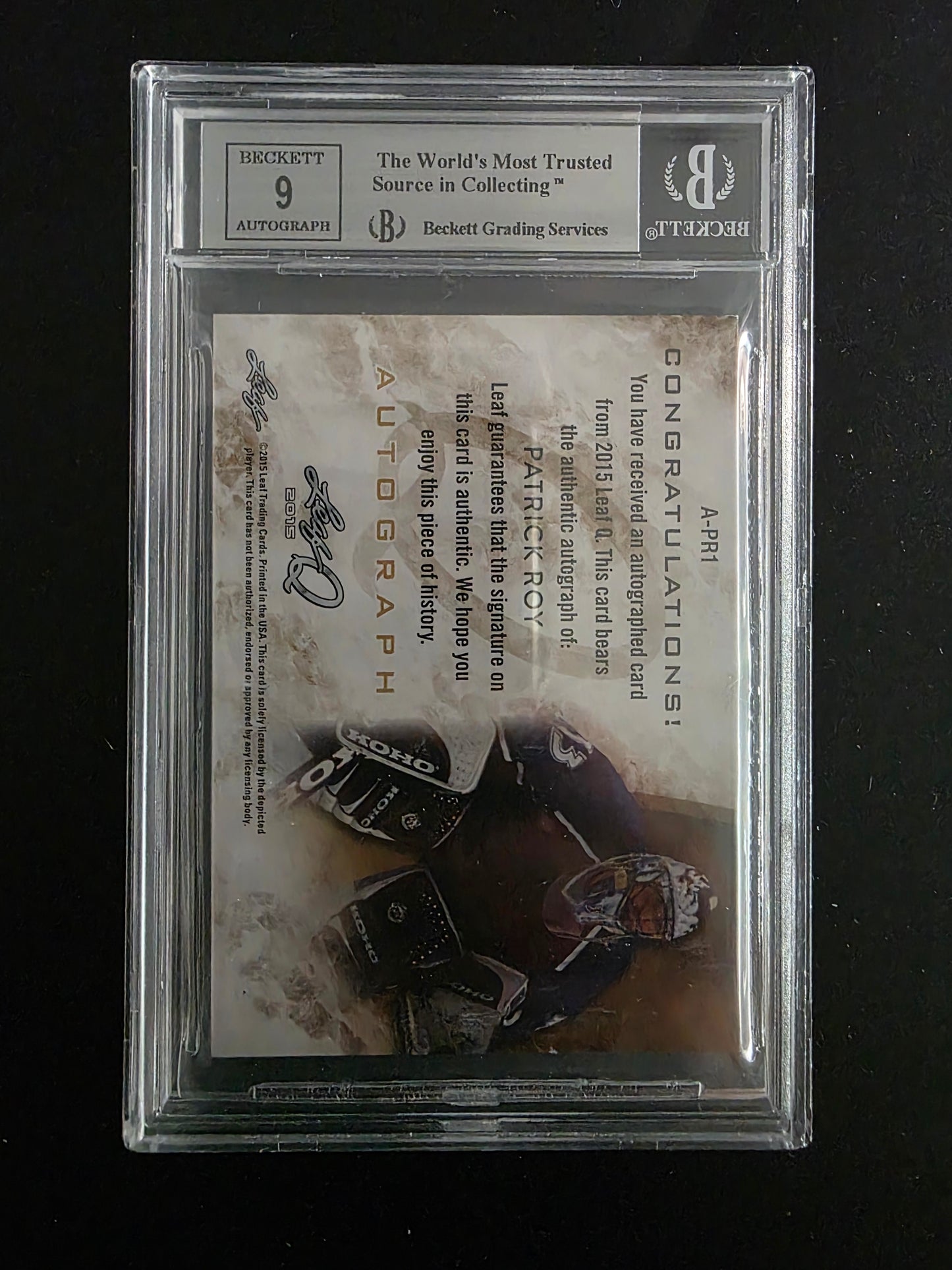 2015 Leaf Q - Autographs - Gold Spectrum - Patrick Roy #APR1 1of1 BGS 9