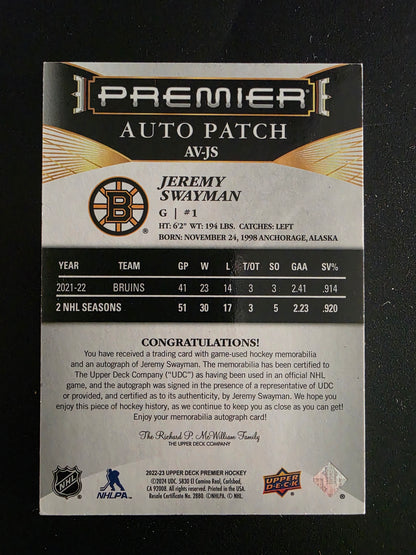 2022-23 Upper Deck Premier - Acetate Auto Patch - Jeremy Swayman #AV-JS /35