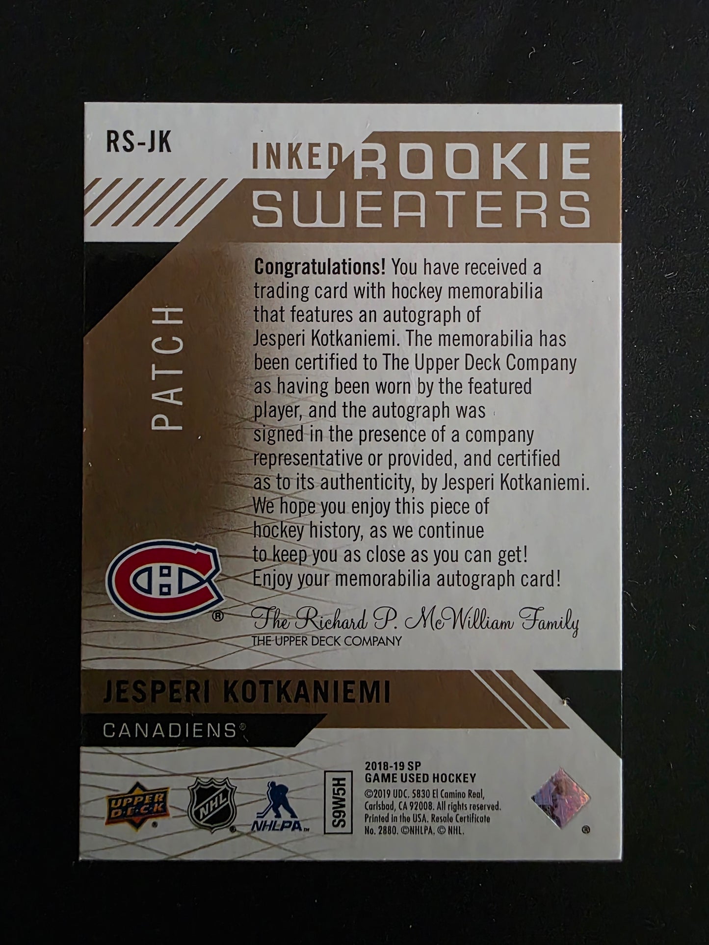 2018-19 Upper Deck SP Game Used Edition - Inked Rookie Sweaters - Patch - Jesperi Kotkaniemi #RS-JK /49 RY