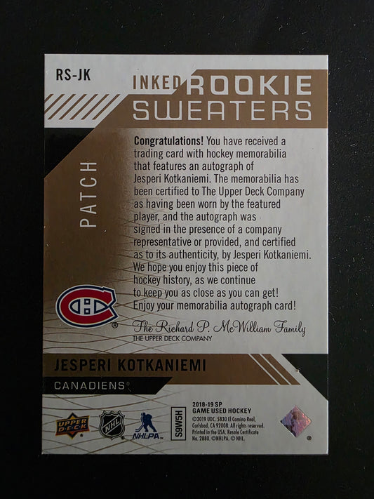 2018-19 Upper Deck SP Game Used Edition - Inked Rookie Sweaters - Patch - Jesperi Kotkaniemi #RS-JK /49 RY