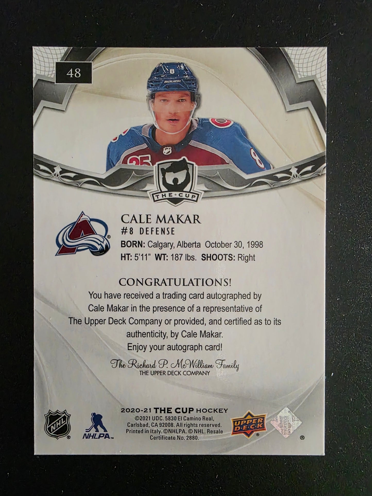 2020-21 Upper Deck The Cup - Gold Spectrum Foil Autographs - Cale Makar #48 /12