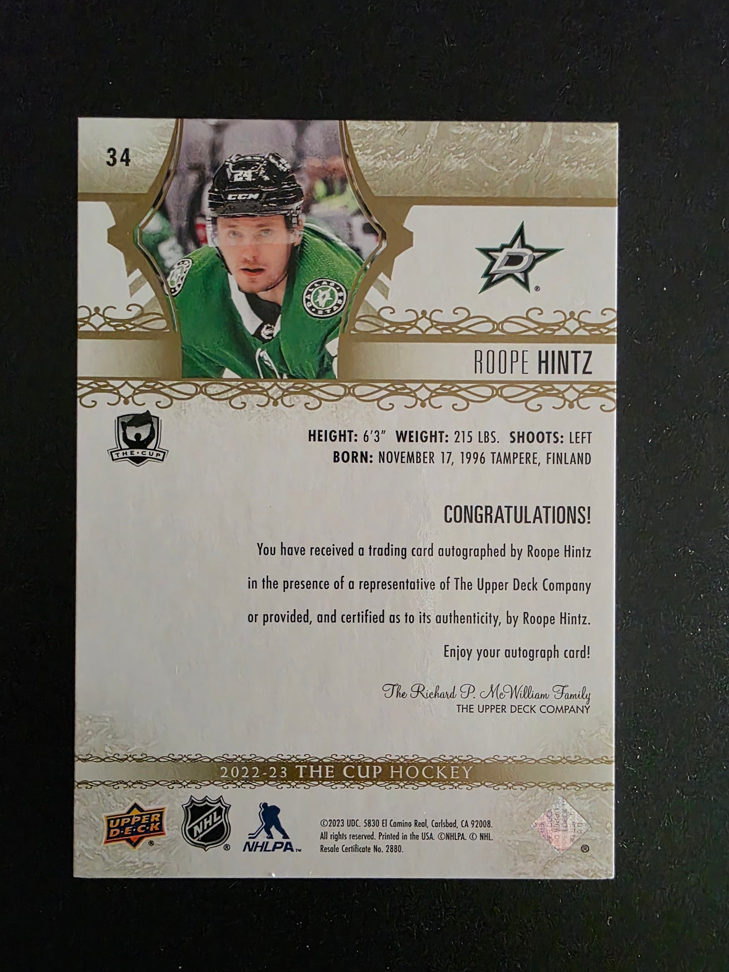 2022-23 Upper Deck The Cup - Gold Spectrum Foil Autographs - Roope Hintz #34 /12