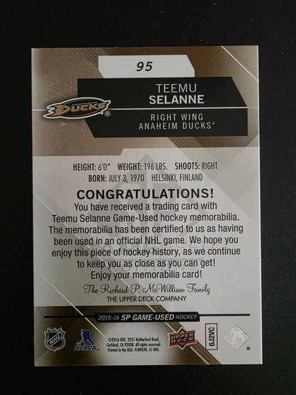 2015-16 Upper Deck SP Game Used Edition - Spectrum Gold Prime Jersey - Teemu Selanne #95 /25