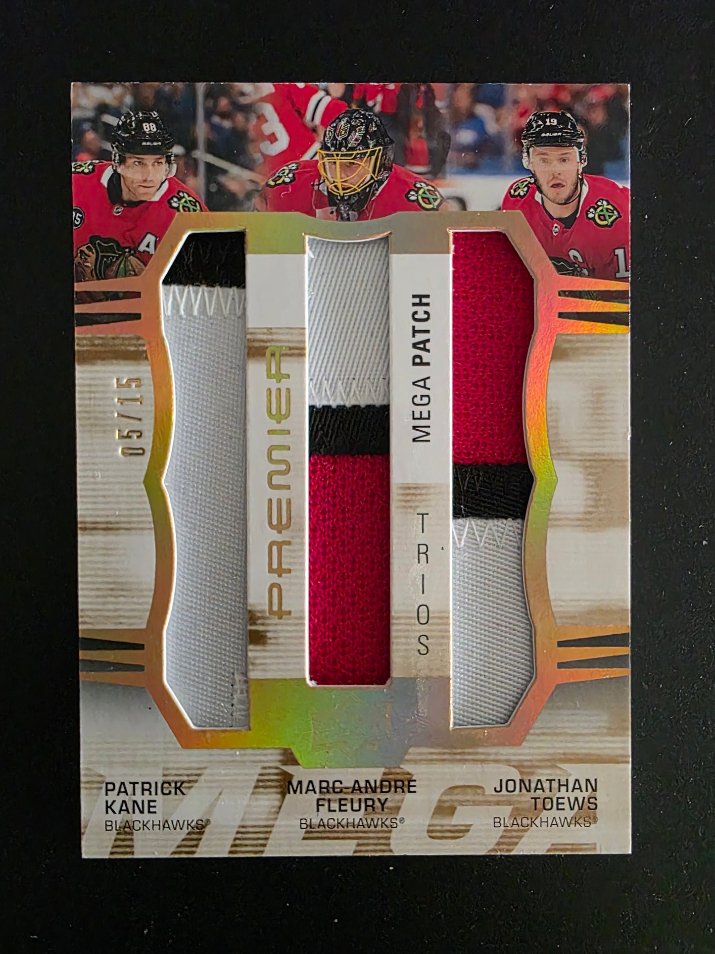 2021-22 Upper Deck Premier - Premier Mega Jersey Trios - Patrick Kane / Marc-Andre Fleury / Jonathan Toews #PM3-FTK /15