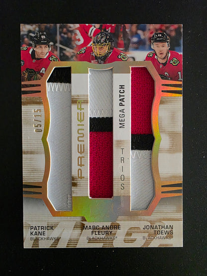 2021-22 Upper Deck Premier - Premier Mega Jersey Trios - Patrick Kane / Marc-Andre Fleury / Jonathan Toews #PM3-FTK /15