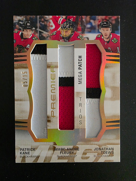 2021-22 Upper Deck Premier - Premier Mega Jersey Trios - Patrick Kane / Marc-Andre Fleury / Jonathan Toews #PM3-FTK /15