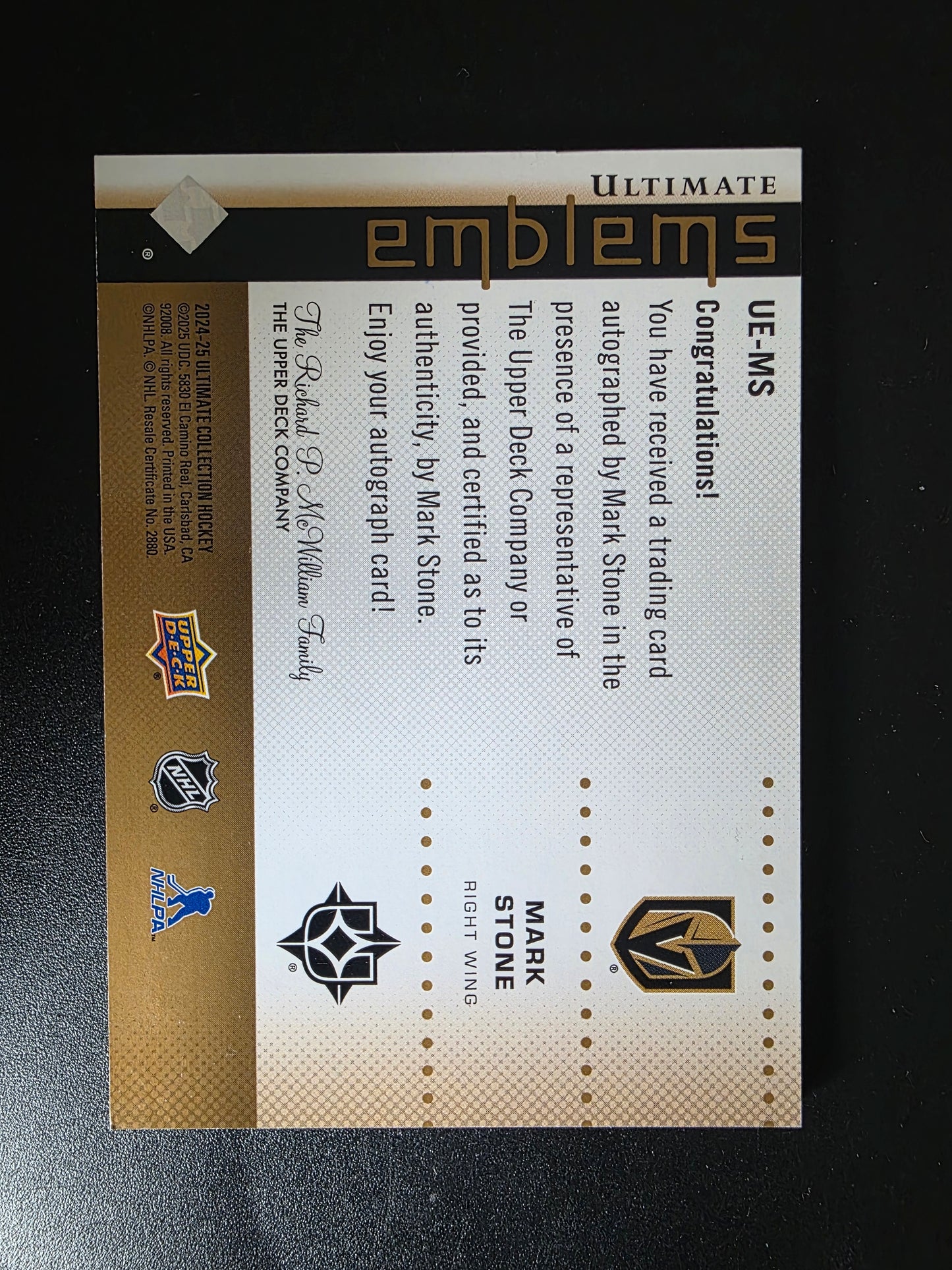 2024-25 Upper Deck Ultimate Collection - Ultimate Emblems Autographs - Mark Stone #UE-MS