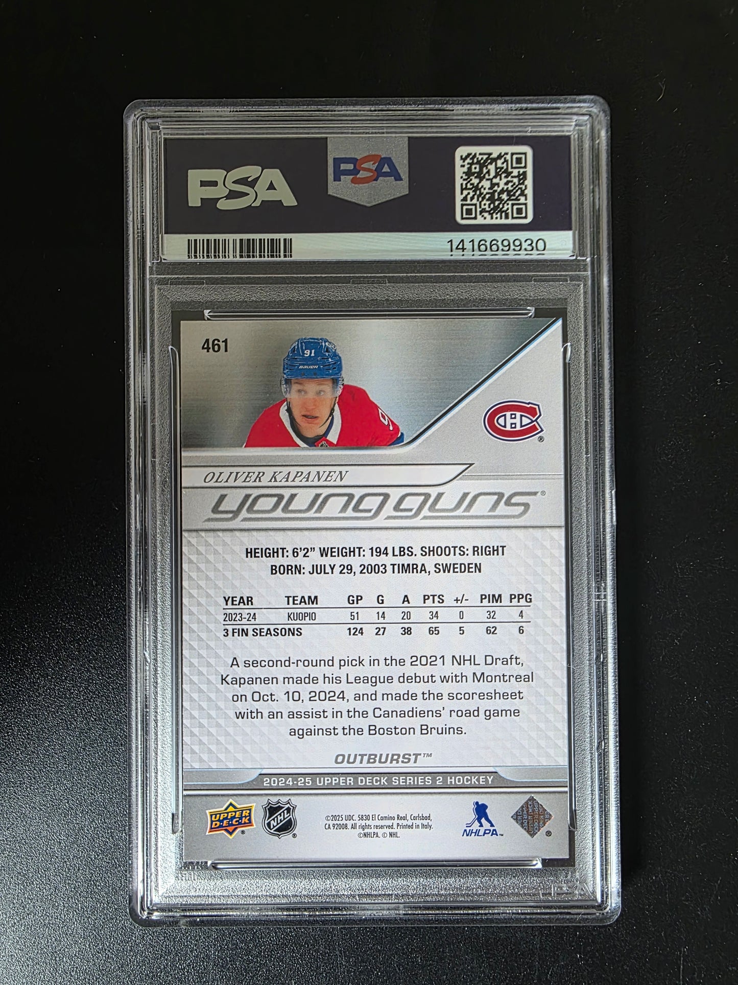 2024-25 Upper Deck Series 2 - Outburst - Young Guns - Oliver Kapanen #461 PSA9 RC
