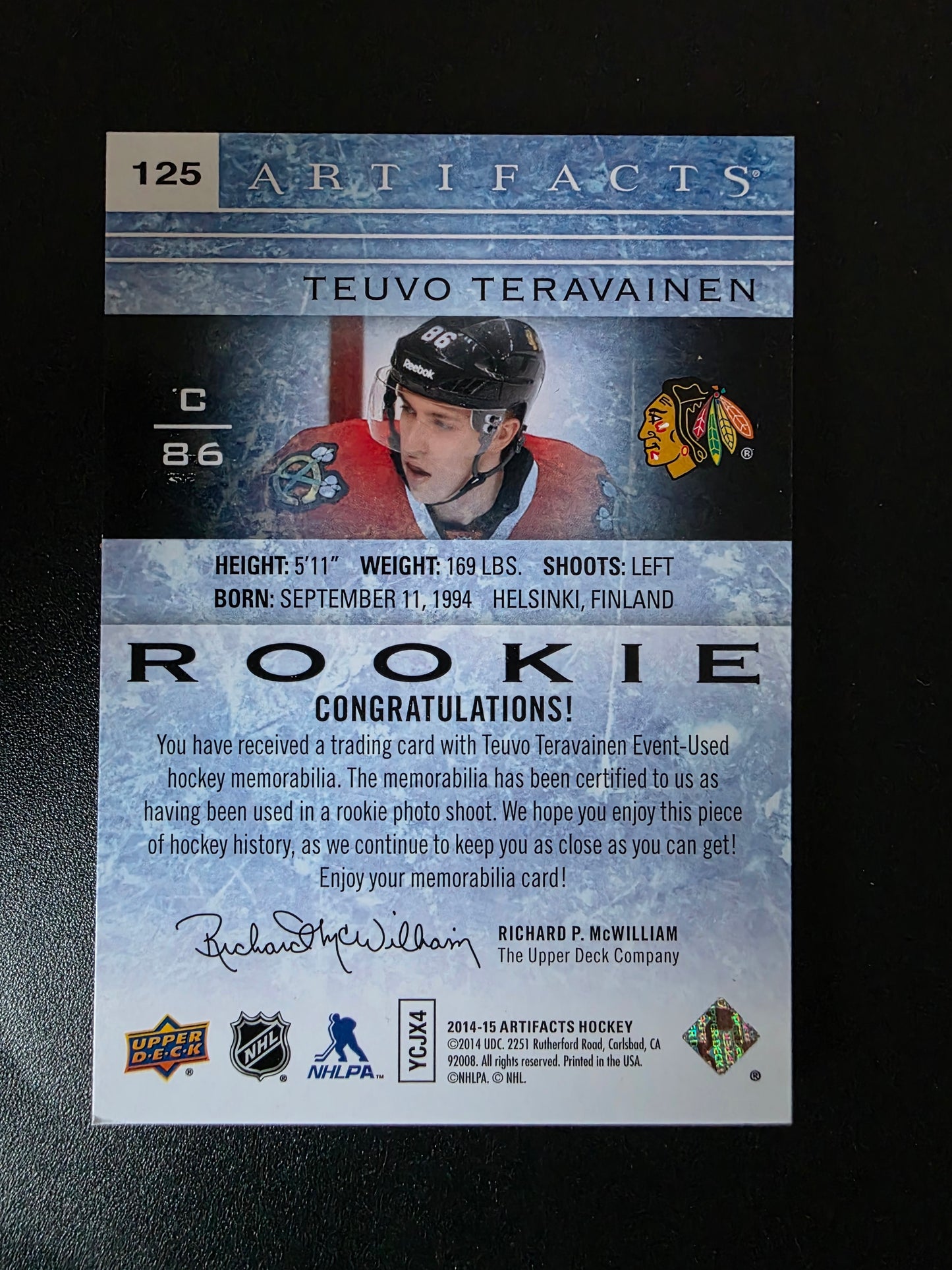 2014-15 Upper Deck Artifacts - Emerald Jersey/Patch - Rookies - Teuvo Teravainen #125 /75 RC