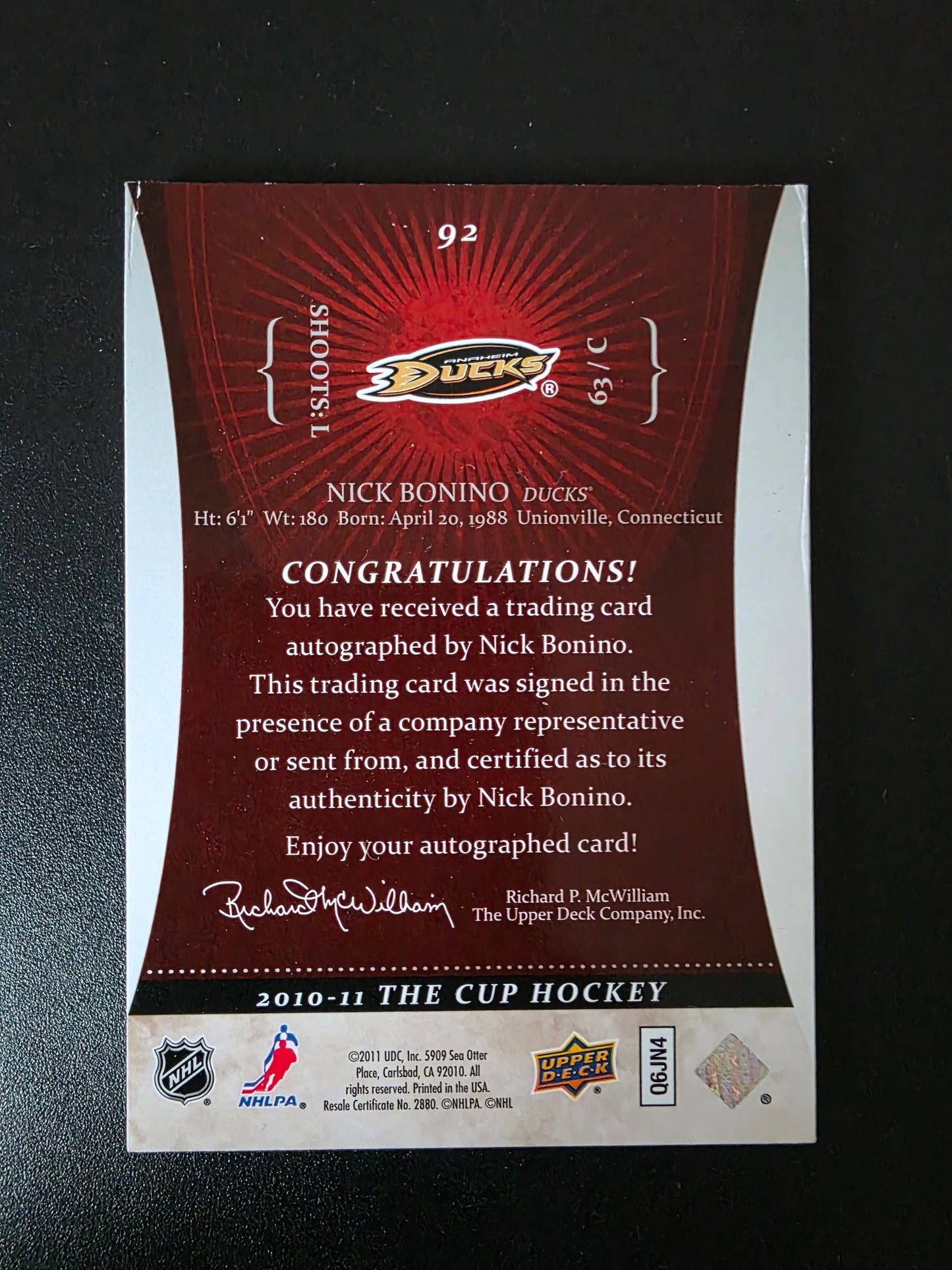 2010-11 Upper Deck The Cup - Autographed Rookie - Nick Bonino #92 /199 RC
