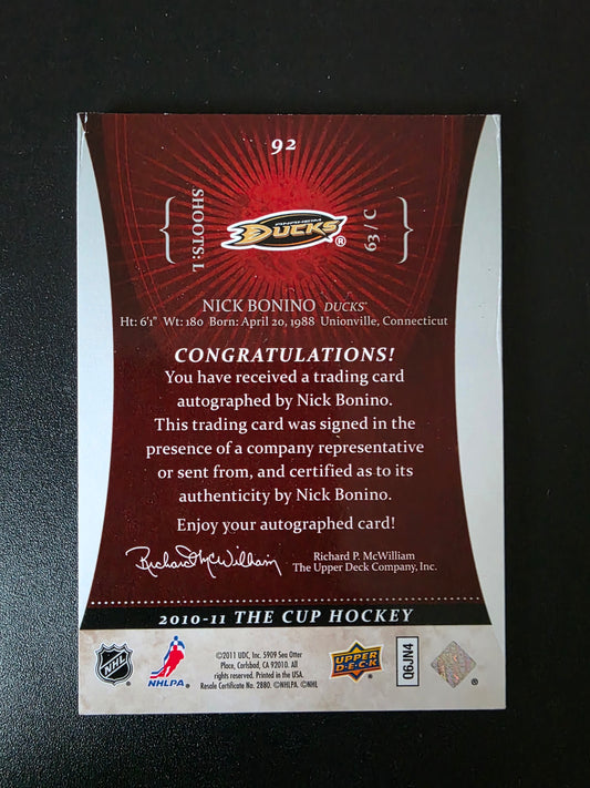 2010-11 Upper Deck The Cup - Autographed Rookie - Nick Bonino #92 /199 RC