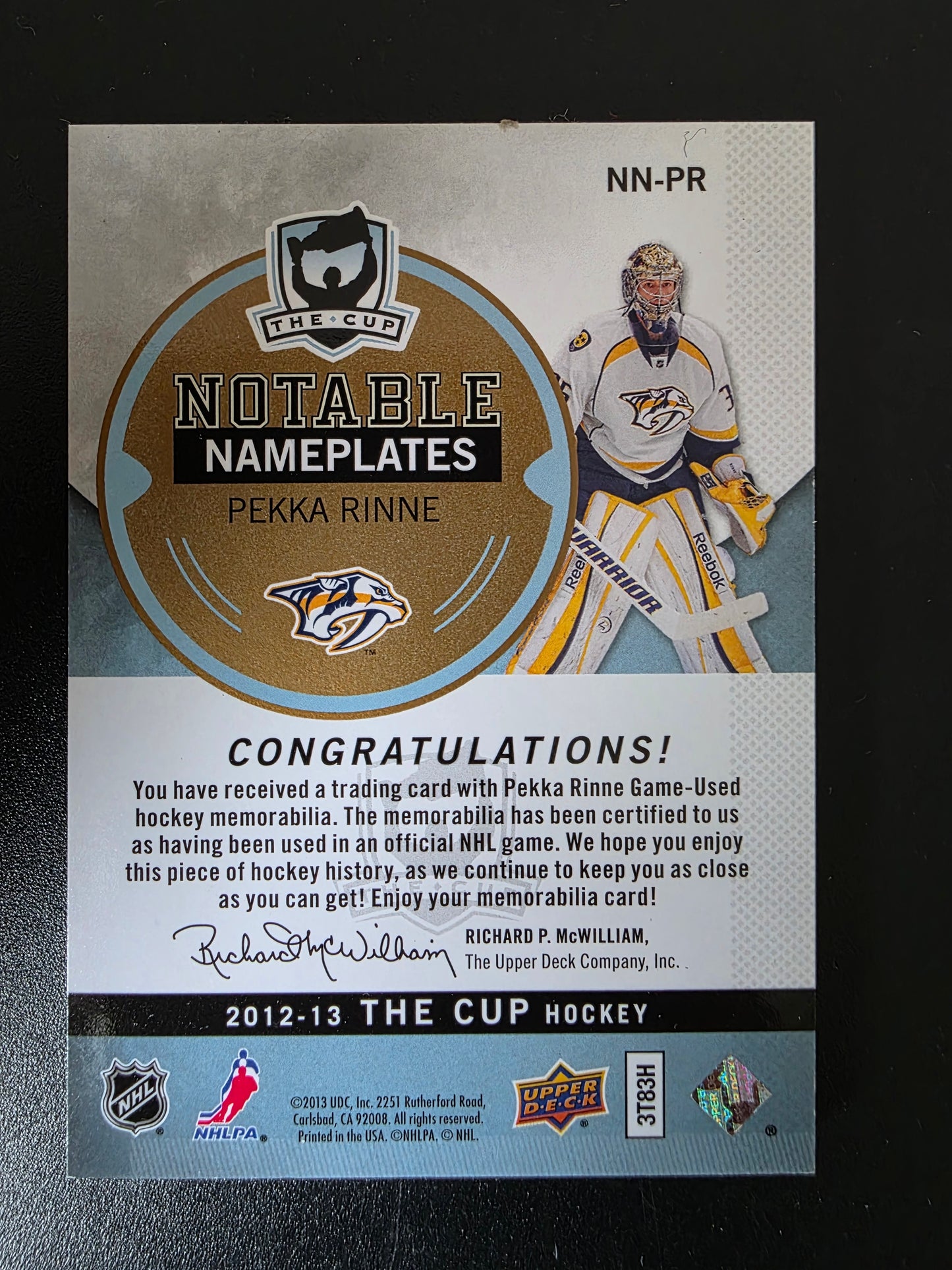 2012-13 Upper Deck The Cup - Notable Nameplates - Pekka Rinne #NN-PR /5