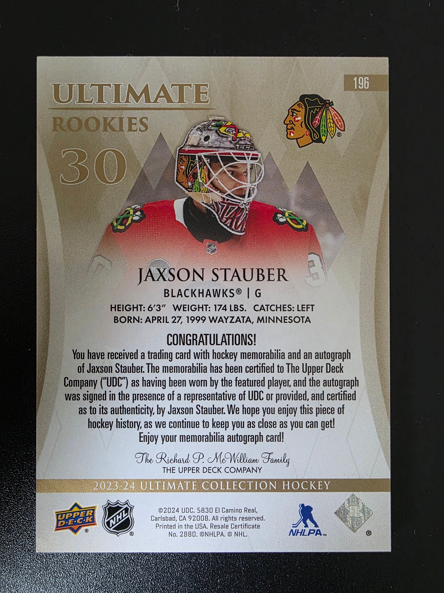 2023-24 Upper Deck Ultimate Collection - Patch - Ultimate Rookies Autographs - Jaxson Stauber #196  /99 RC
