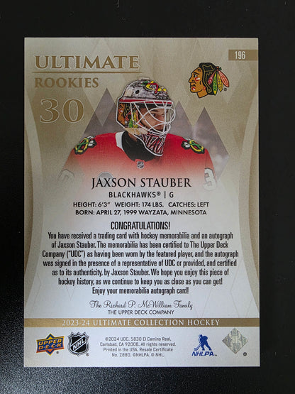 2023-24 Upper Deck Ultimate Collection - Patch - Ultimate Rookies Autographs - Jaxson Stauber #196  /99 RC
