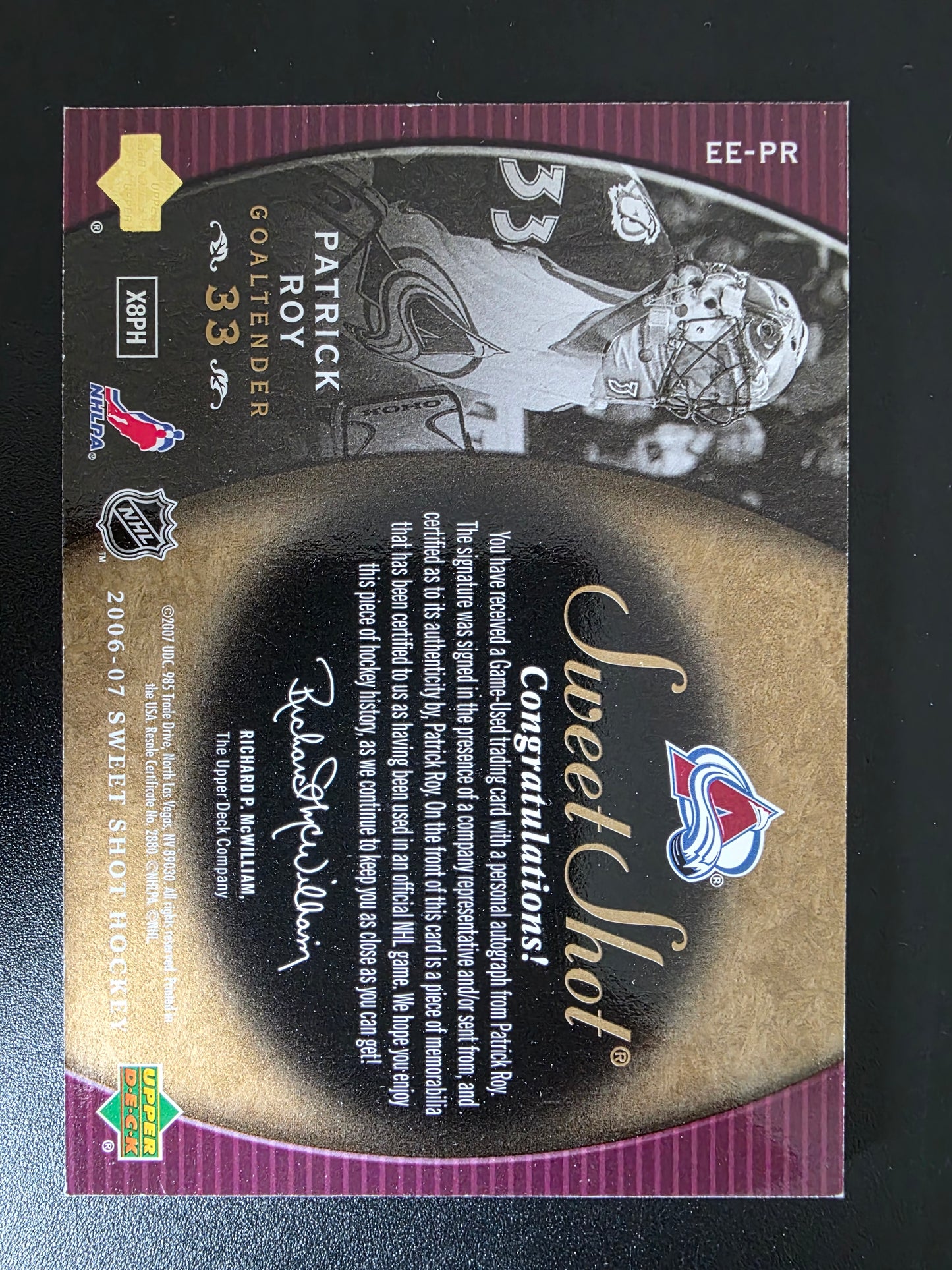 2006-07 Upper Deck Sweet Shot - Endorsed Equipment - Patrick Roy #EE-PR /25