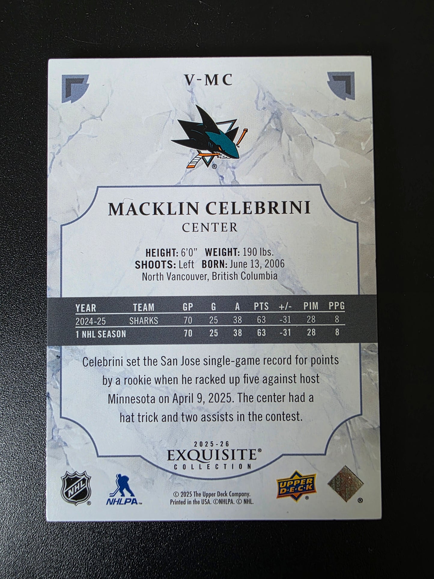 2025-26 Upper Deck Black Diamond - Exquisite Collection - Macklin Celebrini #V-MC /399