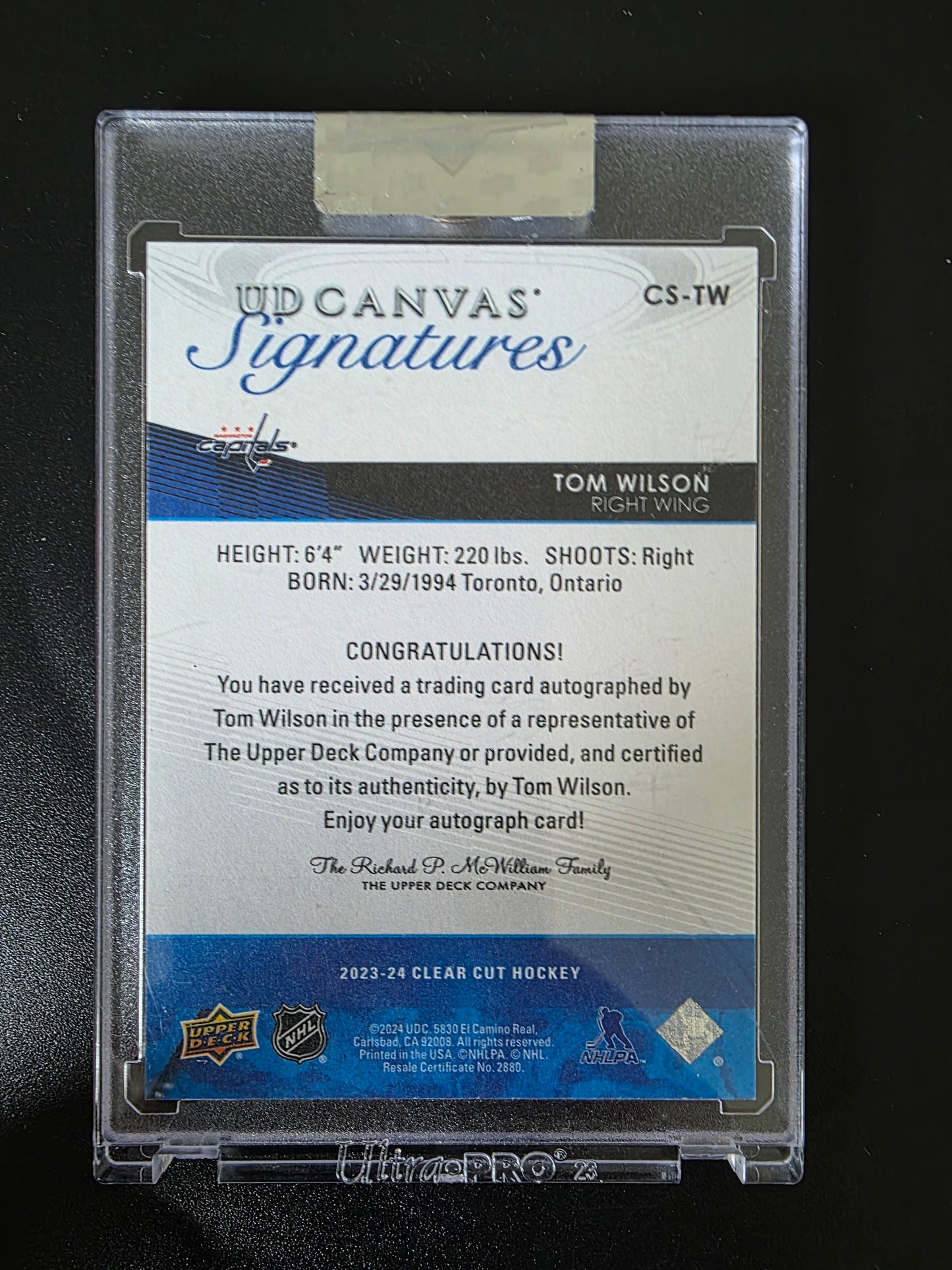 2023-24 Upper Deck Clear Cut - Canvas Signatures - Red Ink - Tom Wilson #CS-TW /43