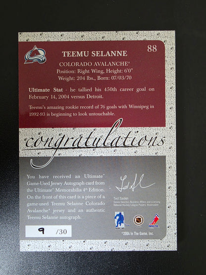 2003-04 In the Game Ultimate Memorabilia 4th Edition - Autographed Jerseys - Teemu Selanne #88 /30