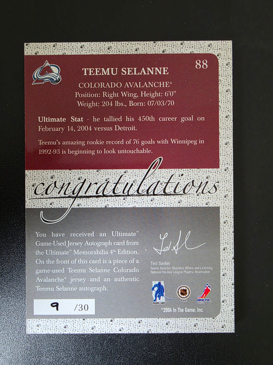 2003-04 In the Game Ultimate Memorabilia 4th Edition - Autographed Jerseys - Teemu Selanne #88 /30