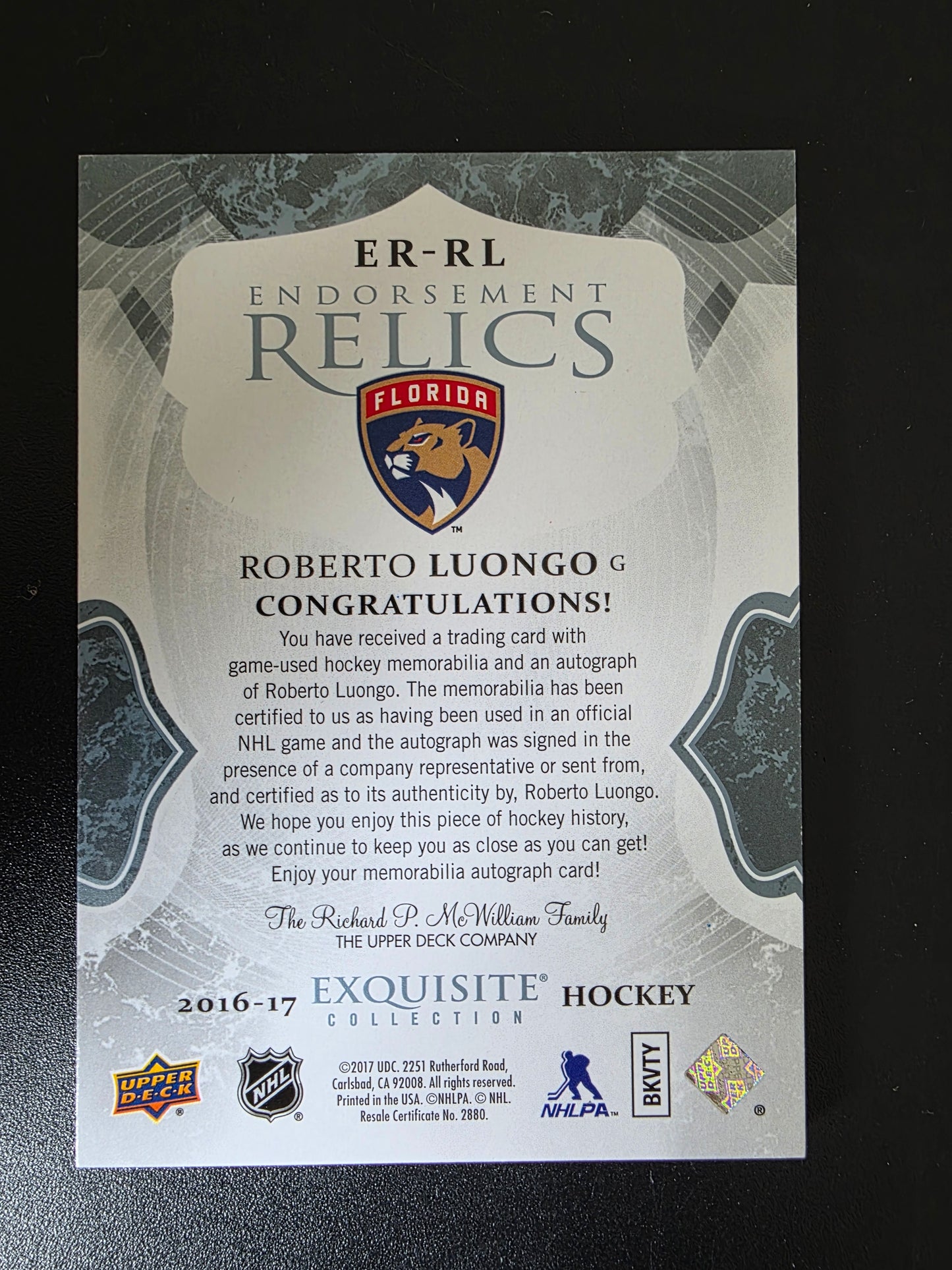 2016-17 Upper Deck The Cup - Exquisite Collection Endorsement Relics - Roberto Luongo #ER-RL /25