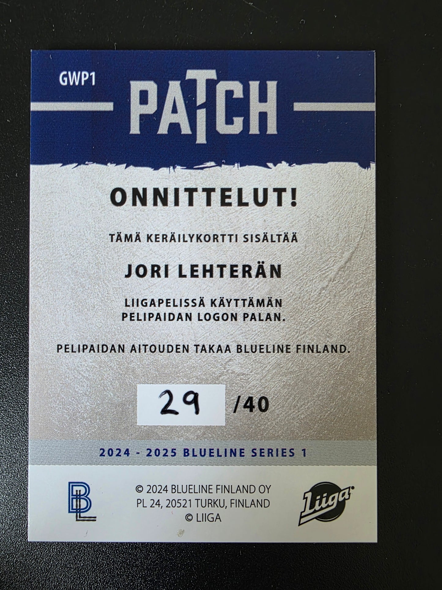 2024-25 Blueline - Patch - Jori Lehterä #GWP1 /40