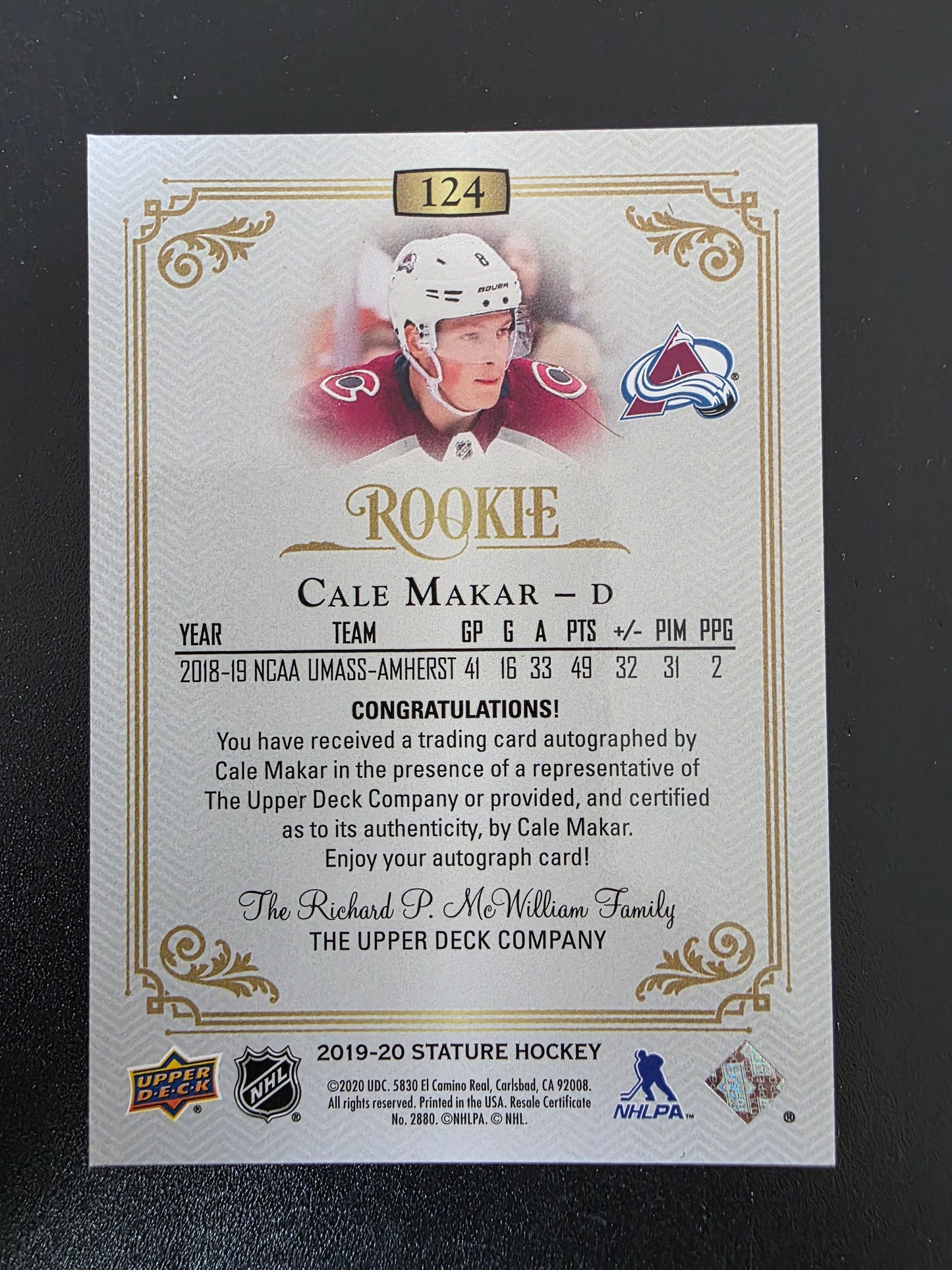 2019-20 Upper Deck Stature - Autographs - Cale Makar #124 /199 RC