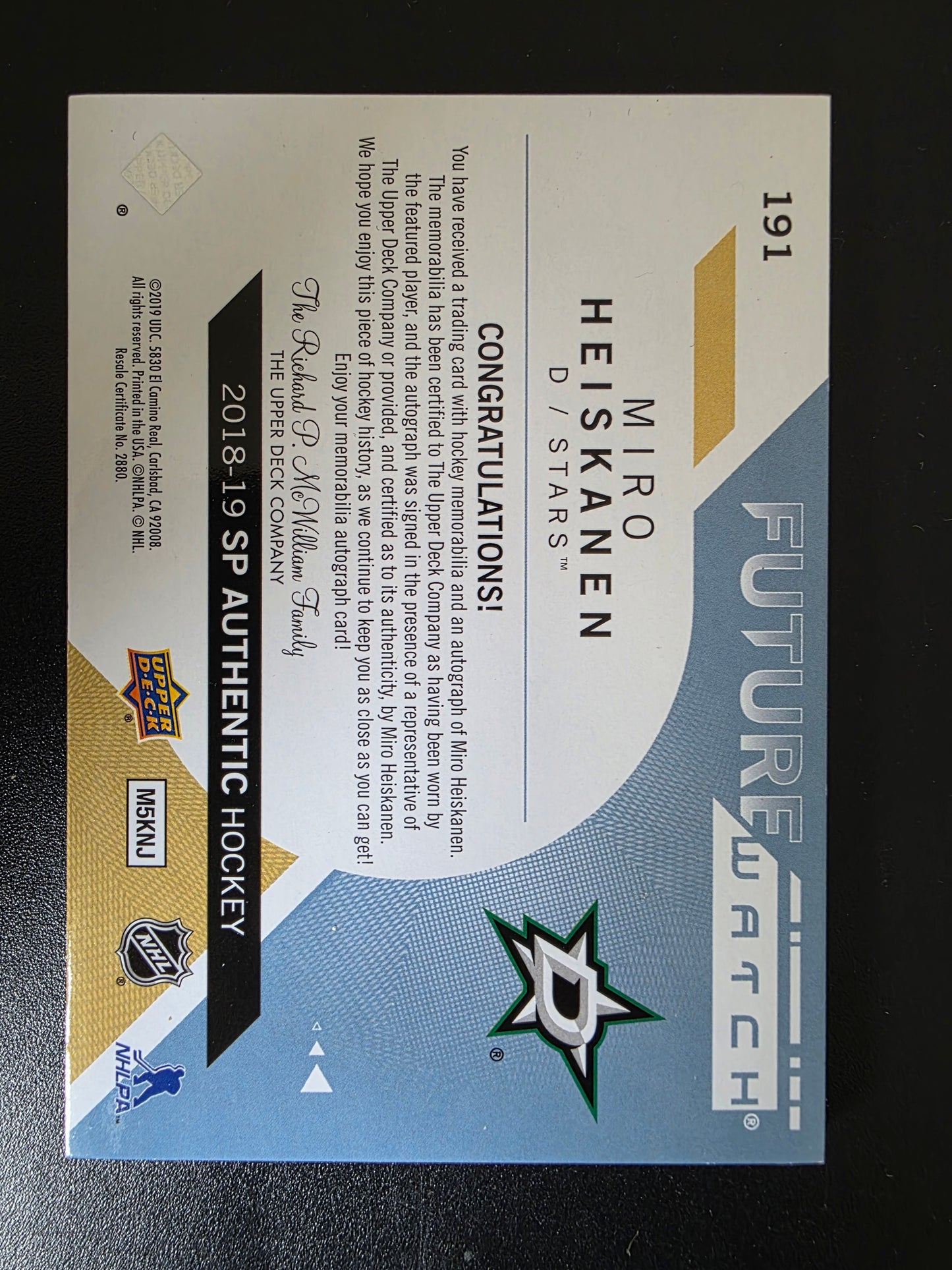 2018-19 Upper Deck SP Authentic - Patch - Autographed Future Watch - Miro Heiskanen #191 /100 RC